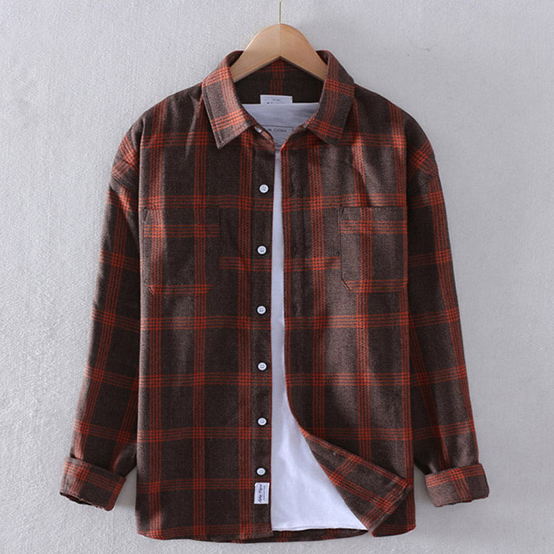 Plaid Shirt - Men's Button-Up Checkered Long Sleeve Shirt-Fashion Men Shirt Plaid Fall-Chaps London-Orange Checkered-S-Chaps London