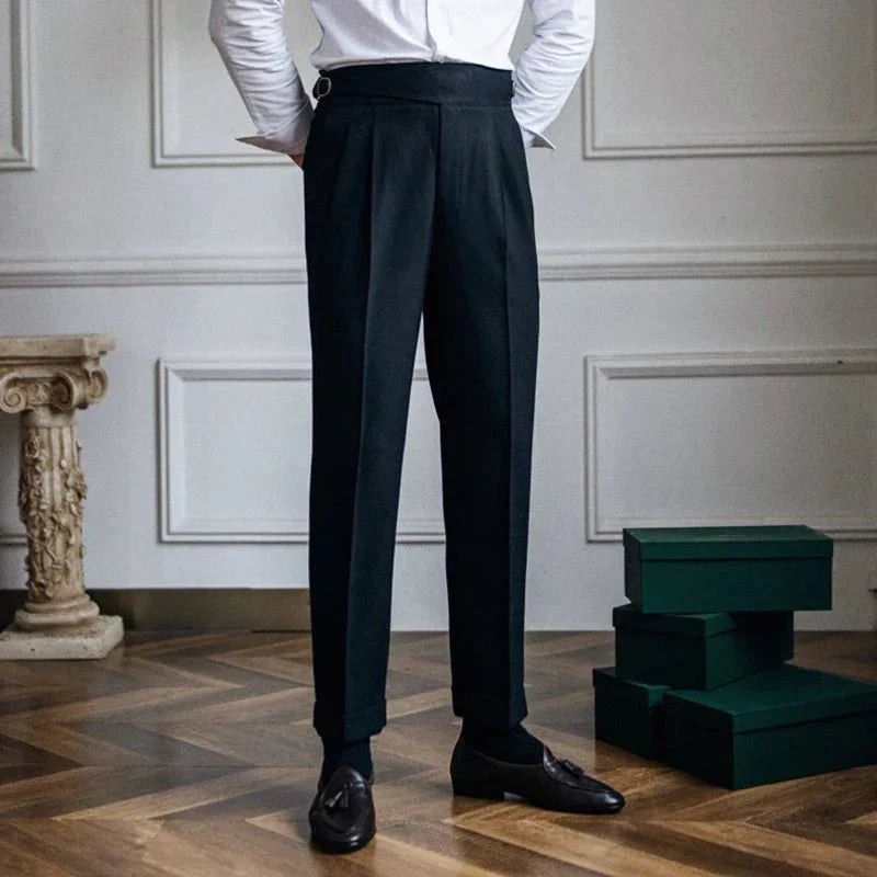 Pleated Pants - Men's Adjustable Waist Formal Straight Leg Slack Pants-Men's Pants-Chaps London-Black-S-Chaps London