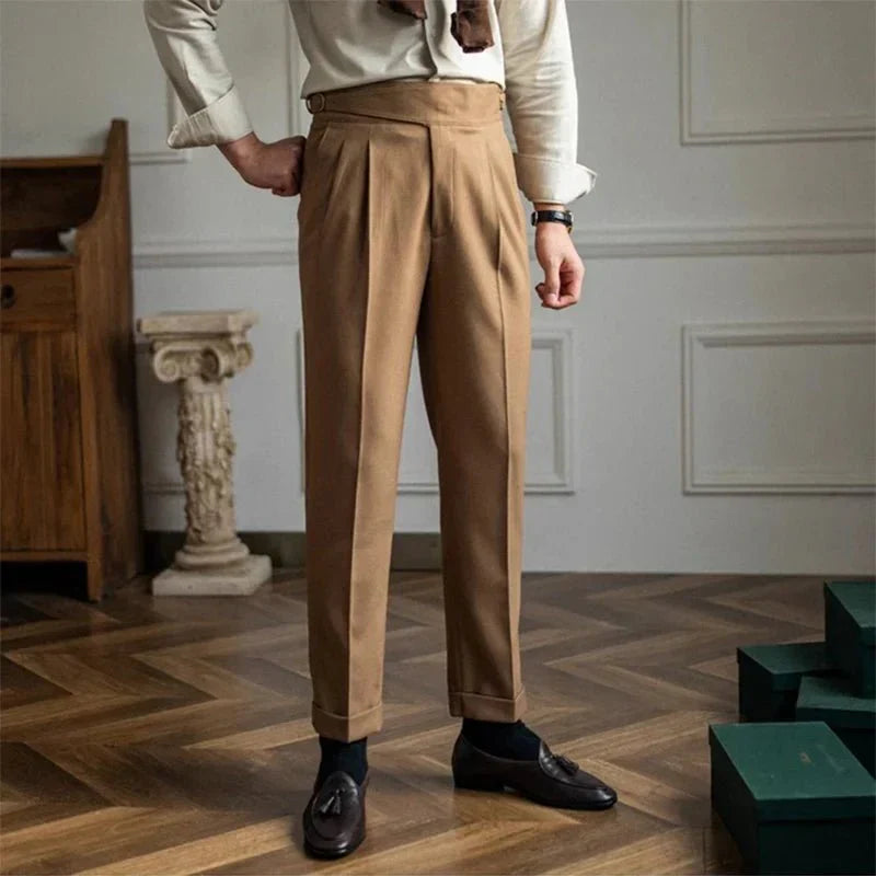 Pleated Pants - Men's Adjustable Waist Formal Straight Leg Slack Pants-Men's Pants-Chaps London-Khaki-S-Chaps London