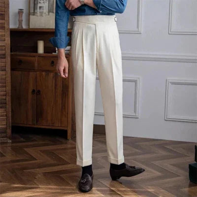 Pleated Pants - Men's Adjustable Waist Formal Straight Leg Slack Pants-Men's Pants-Chaps London-White-S-Chaps London