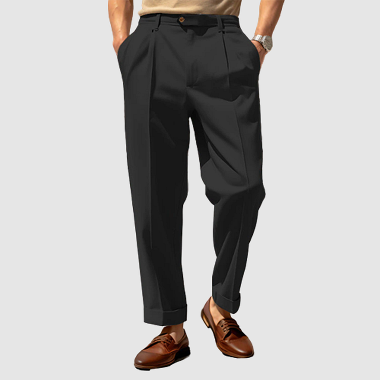 Pleated Trousers - Men's Straight Leg Business Casual-Trousers-Chaps London-Black-M-Chaps London