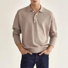 Man wearing beige long-sleeve collared polo sweater with jeans | Chaps London