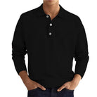 Man wearing black long-sleeve collared polo shirt with button placket, jeans | Chaps London