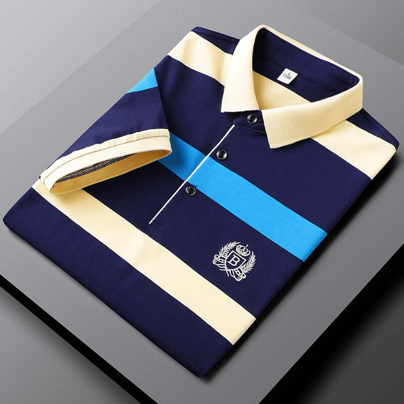 Polo Shirt - Men's Collared Button-Up Striped Polo Shirt-Chaps London-Blue-M-Chaps London