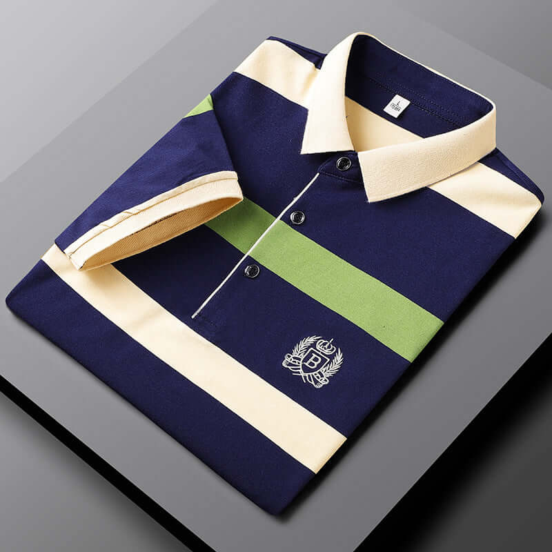 Polo Shirt - Men's Collared Button-Up Striped Polo Shirt-Chaps London-Green-M-Chaps London
