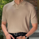 Polo Shirt - Men's Knit V Neck Short Sleeve-Men Summer Polo-Chaps London-Apricot-S-Chaps London