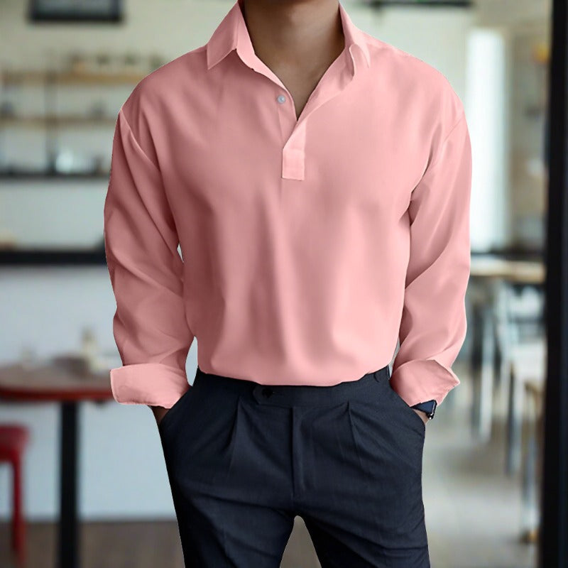 Polo Shirt - Men's Lightweight Collared Long Sleeve Polo Shirt-Men Shirts-Chaps London-Pink-S-Chaps London