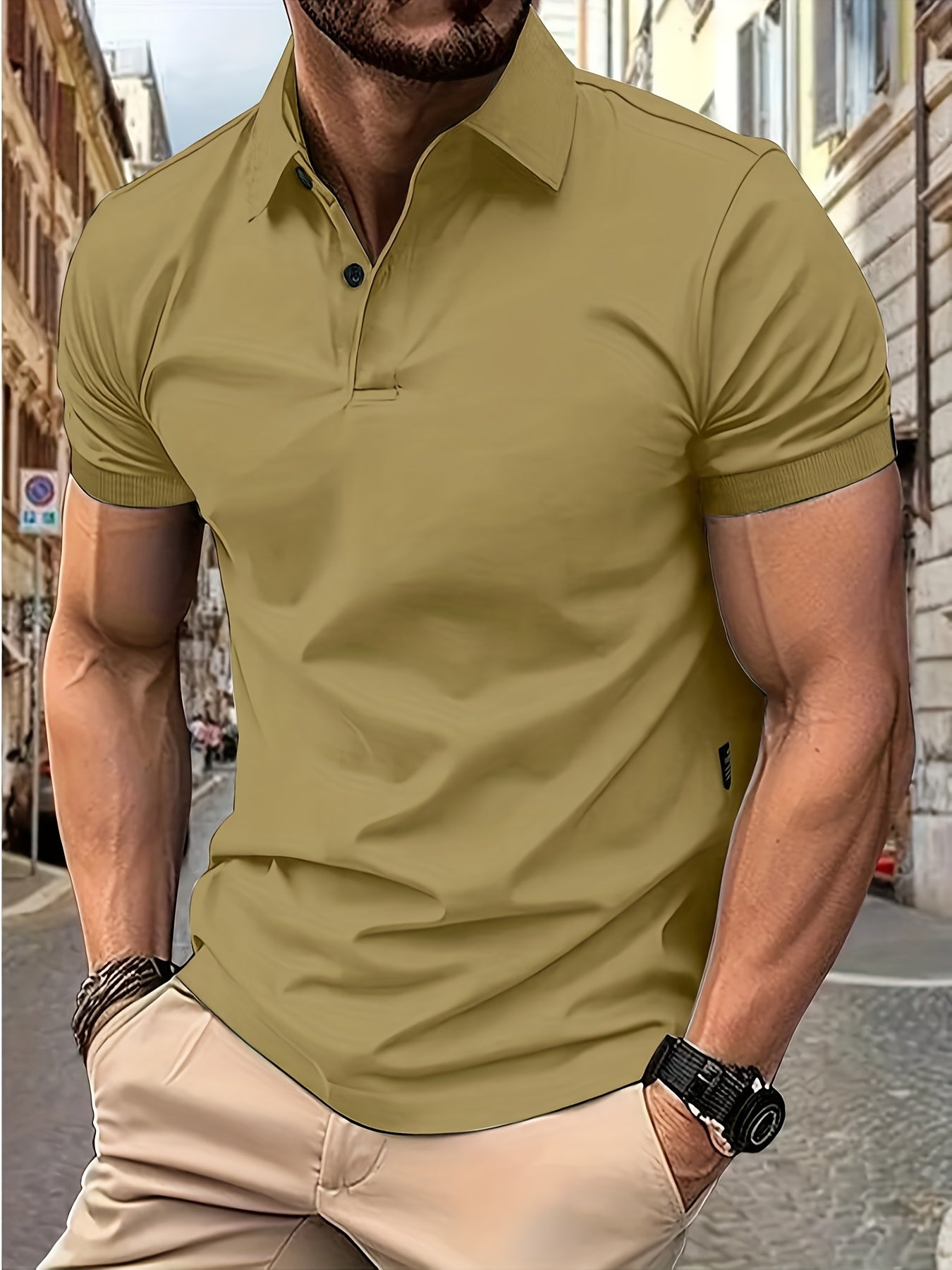 Polo Shirt - Men's Stylish Collared Short Sleeve Polo T-Shirt-Chaps London-Khaki-S-Chaps London