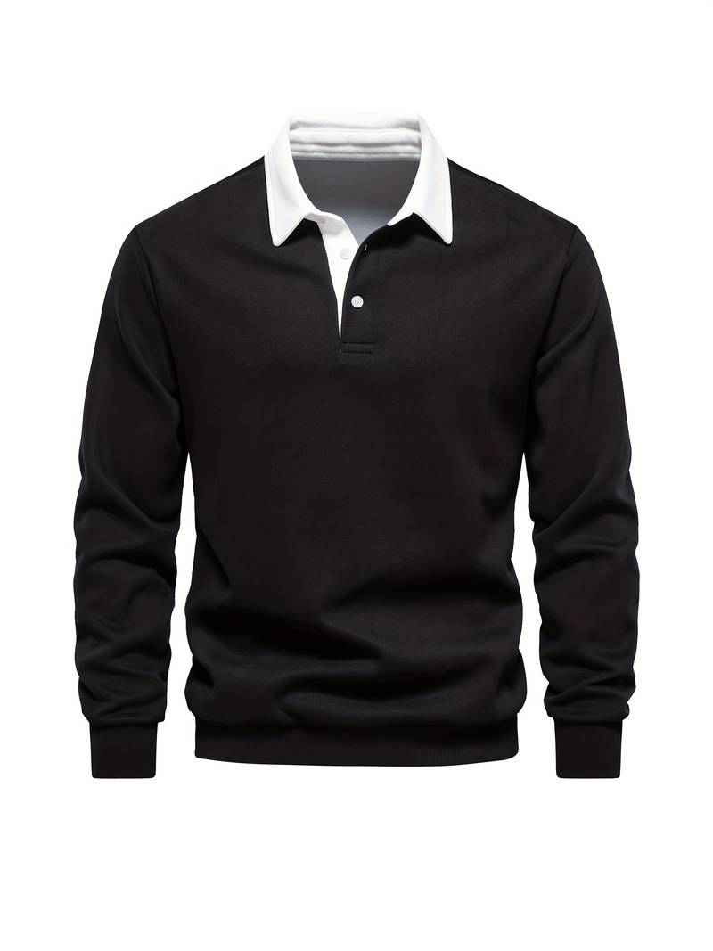Polo Shirt | Turndown Collar | Quarter Button-Up | Long Sleeve Polo Shirts | Men's Shirts-T-shirts-Chaps London-Black-S-Chaps London
