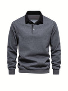 Polo Shirt | Turndown Collar | Quarter Button-Up | Long Sleeve Polo Shirts | Men's Shirts-T-shirts-Chaps London-Grey-S-Chaps London