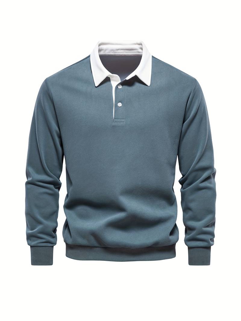 Polo Shirt | Turndown Collar | Quarter Button-Up | Long Sleeve Polo Shirts | Men's Shirts-T-shirts-Chaps London-Military blue-S-Chaps London