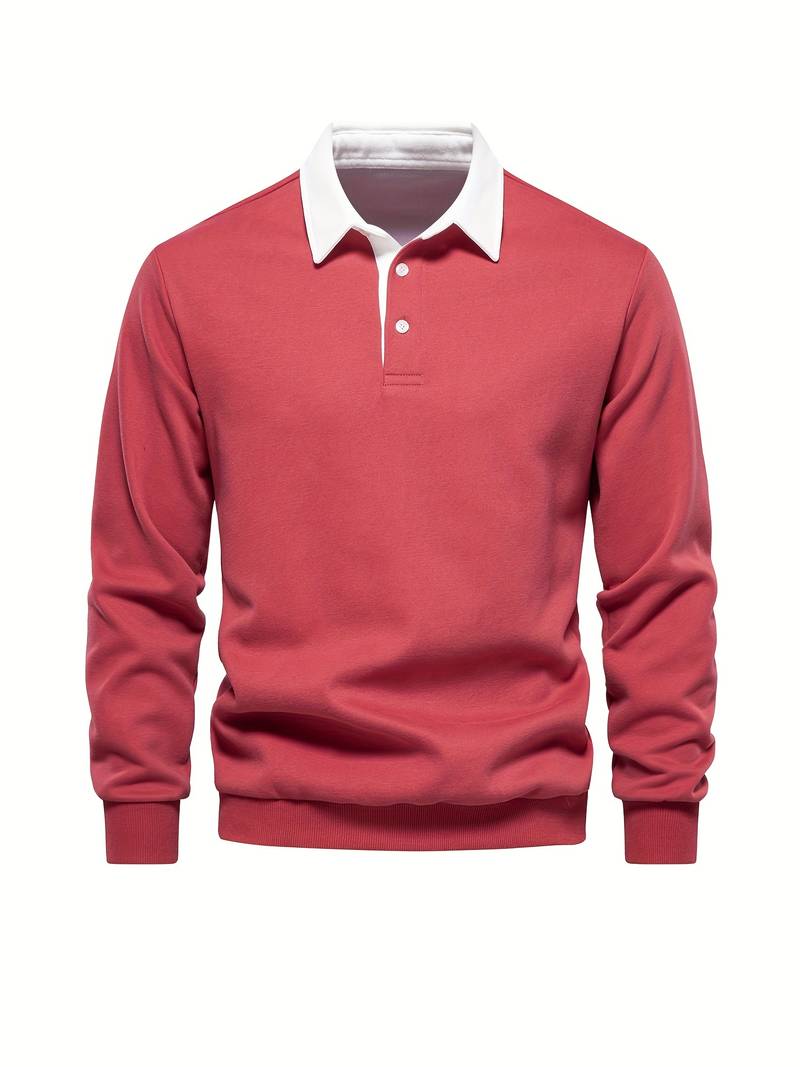 Polo Shirt | Turndown Collar | Quarter Button-Up | Long Sleeve Polo Shirts | Men's Shirts-T-shirts-Chaps London-Red-S-Chaps London