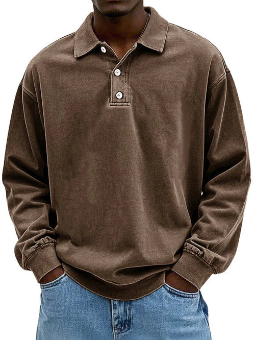 Polo Sweatshirt - Collared - Washed - Oversized Pullover - Men's Clothing-Polo Sweatshirt-Chaps London-Brown-S-Chaps London
