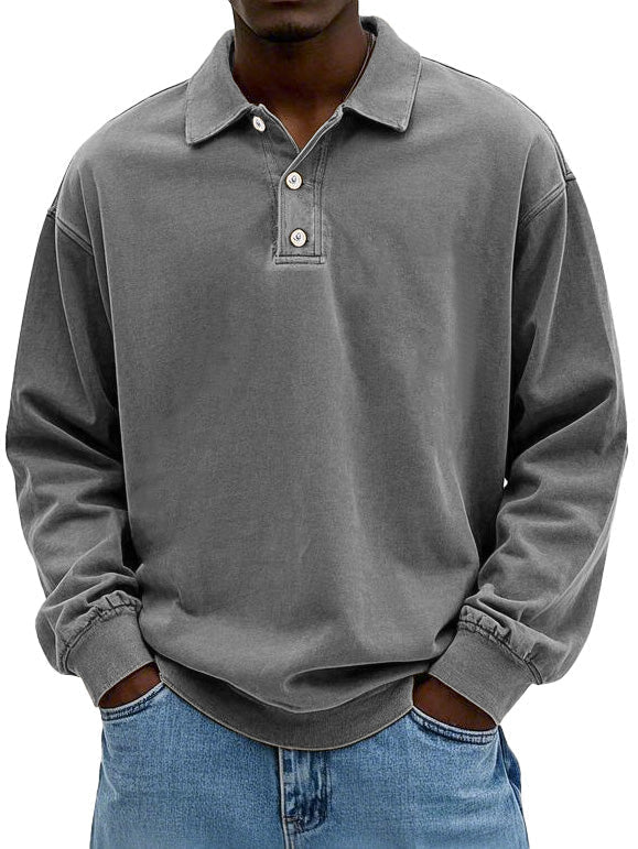 Polo Sweatshirt - Collared - Washed - Oversized Pullover - Men's Clothing-Polo Sweatshirt-Chaps London-Gray-S-Chaps London