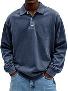 Polo Sweatshirt - Collared - Washed - Oversized Pullover - Men's Clothing-Polo Sweatshirt-Chaps London-Navy Blue-S-Chaps London