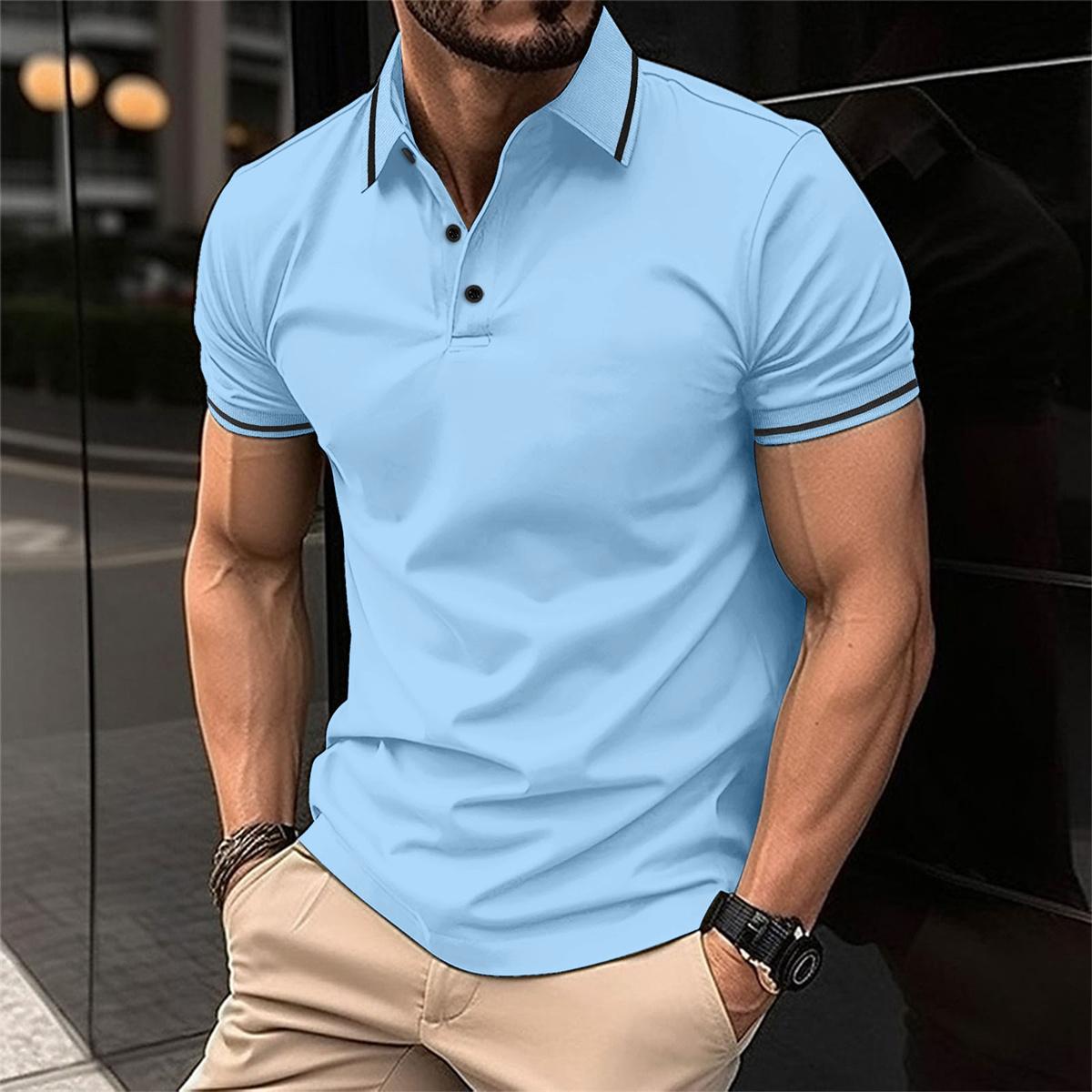 Polo T-Shirt - Men's Button-Up Collared Short Sleeve Polo Shirt-Men Shirts-Chaps London-Light Blue-S-Chaps London