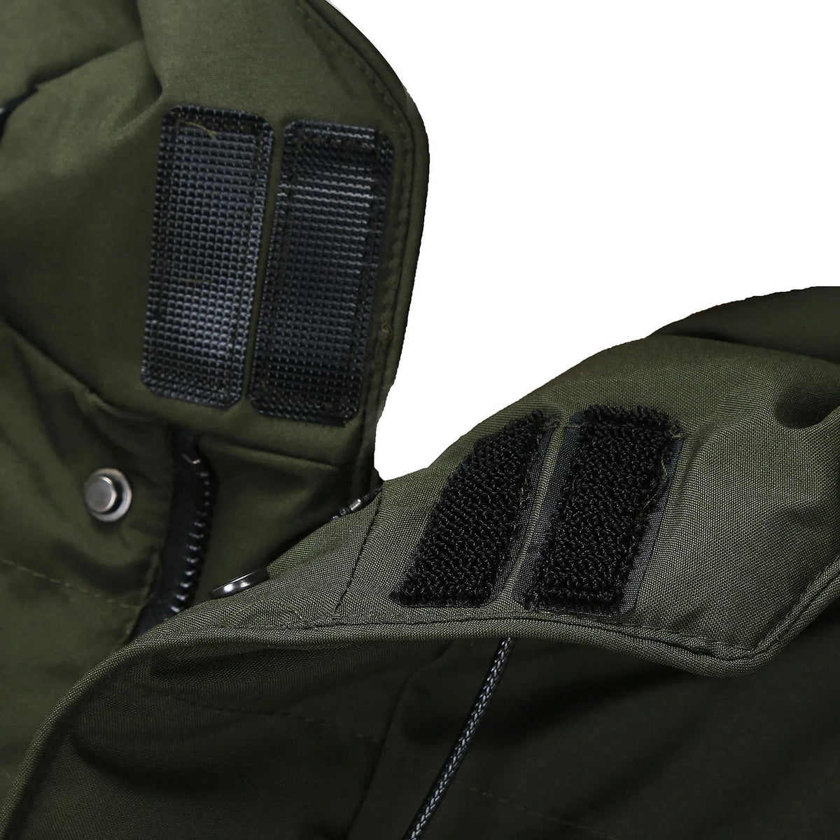 Olive green jacket close-up showing Velcro straps and drawstring hood detail | Chaps London