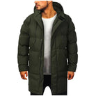 Man wearing dark green hooded puffer coat with white shirt underneath | Chaps London
