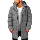Gray hooded puffer jacket with zip pockets worn by man | Chaps London