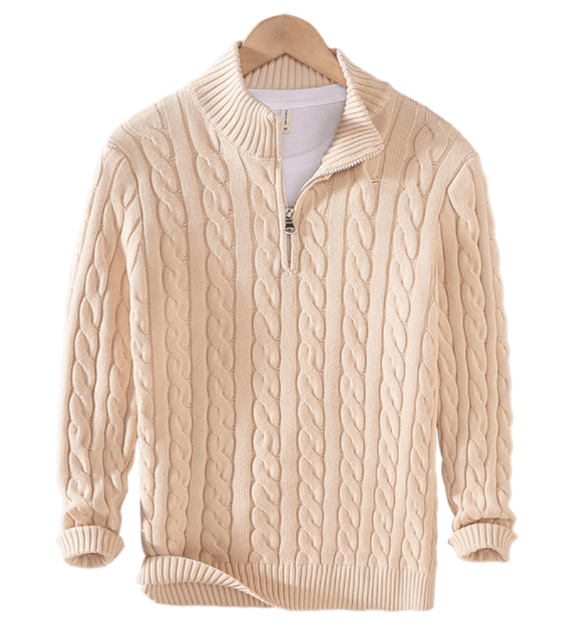 Quarter Zip Jumper - Cable Knit - Half Zip - Knitted Sweater - Men's Quarter Zip Sweaters-Strickwaren-Chaps London-Beige-XS-Chaps London