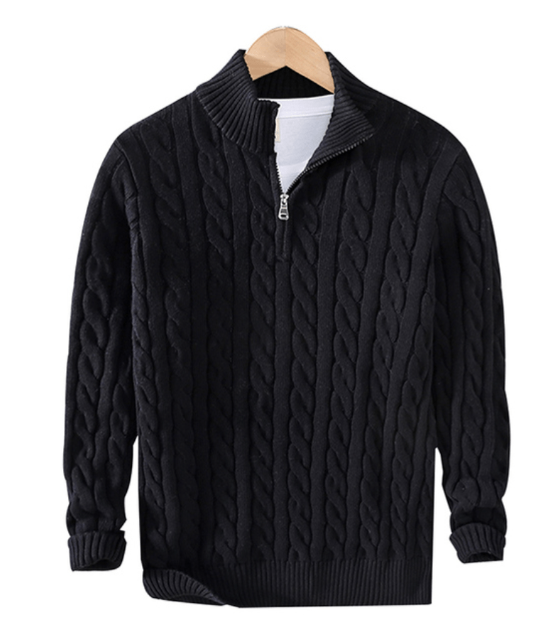 Quarter Zip Jumper - Cable Knit - Half Zip - Knitted Sweater - Men's Quarter Zip Sweaters-Strickwaren-Chaps London-Black-XS-Chaps London