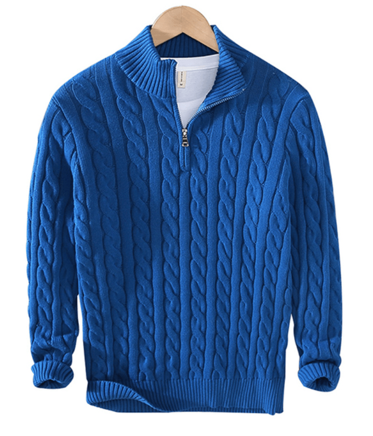Quarter Zip Jumper - Cable Knit - Half Zip - Knitted Sweater - Men's Quarter Zip Sweaters-Strickwaren-Chaps London-Blue-XS-Chaps London