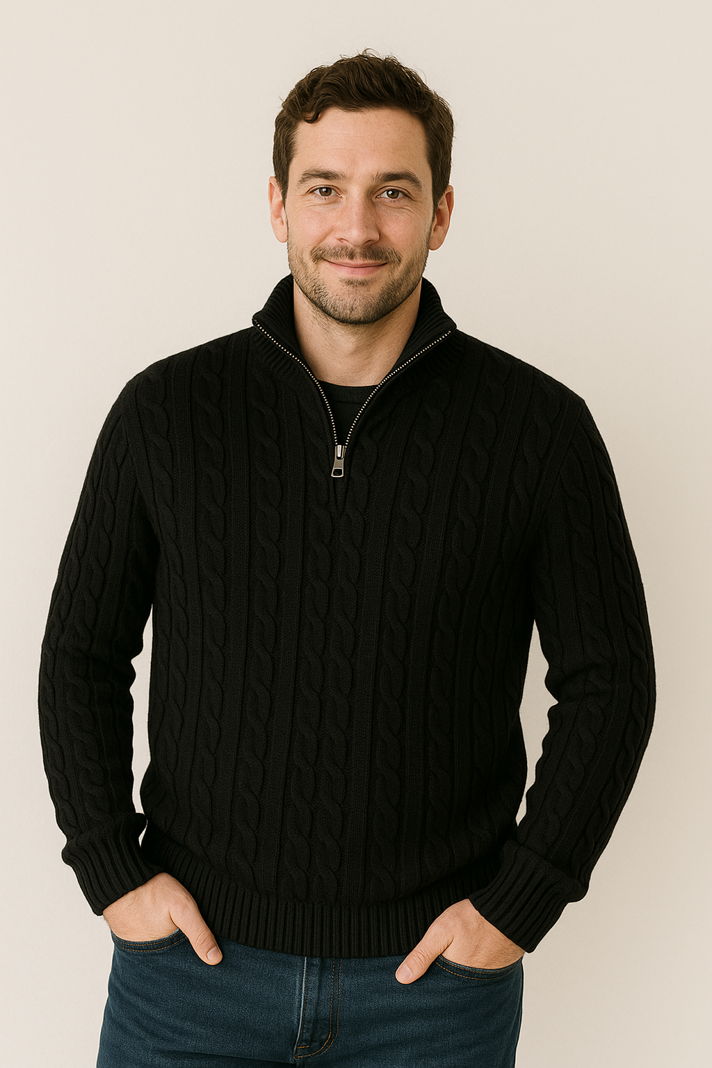 Quarter Zip Jumper - Cable Knit - Half Zip - Knitted Sweater - Men's Quarter Zip Sweaters-Strickwaren-Chaps London-Chaps London