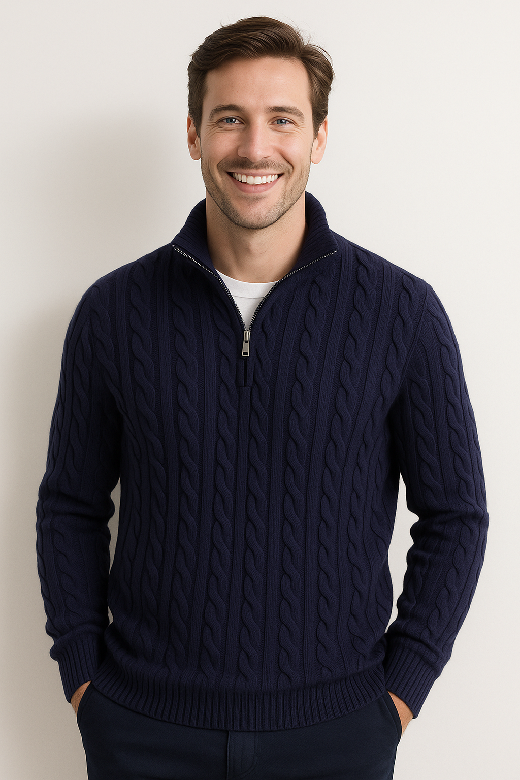 Quarter Zip Jumper - Cable Knit - Half Zip - Knitted Sweater - Men's Quarter Zip Sweaters-Strickwaren-Chaps London-Chaps London
