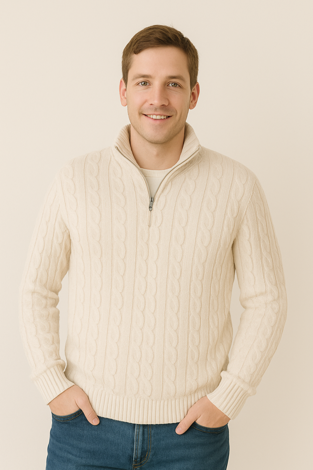 Quarter Zip Jumper - Cable Knit - Half Zip - Knitted Sweater - Men's Quarter Zip Sweaters-Strickwaren-Chaps London-Chaps London