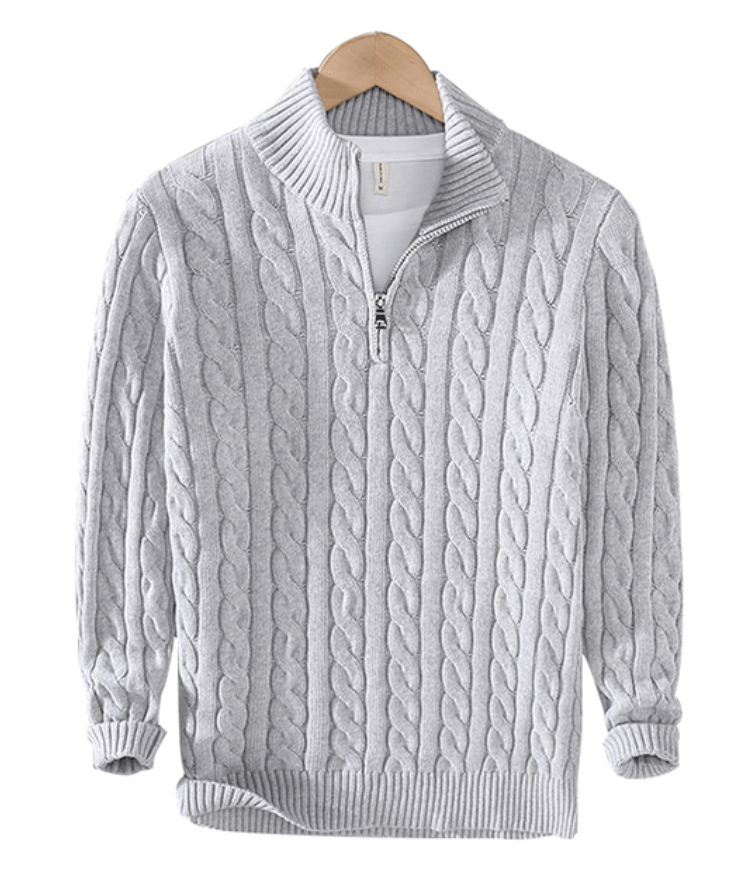 Quarter Zip Jumper - Cable Knit - Half Zip - Knitted Sweater - Men's Quarter Zip Sweaters-Strickwaren-Chaps London-Gray-XS-Chaps London