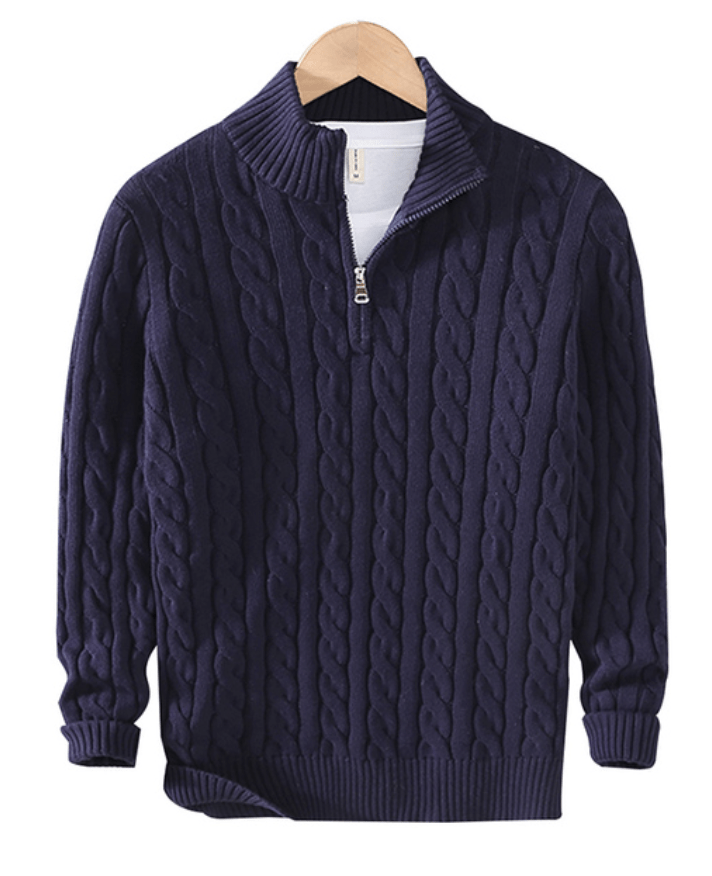 Quarter Zip Jumper - Cable Knit - Half Zip - Knitted Sweater - Men's Quarter Zip Sweaters-Strickwaren-Chaps London-Navy Blue-XS-Chaps London