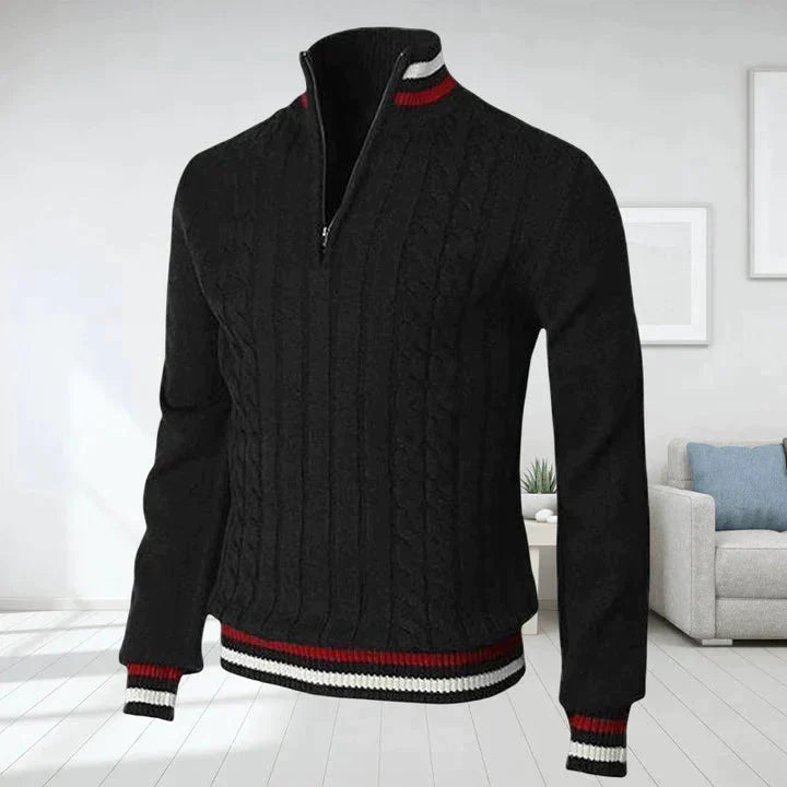 Quarter Zip Jumper - Cable Knit - High Neck - Knitted Sweater - Men's Half Zip Pullover-Sweaters-Chaps London-Black-S-Chaps London