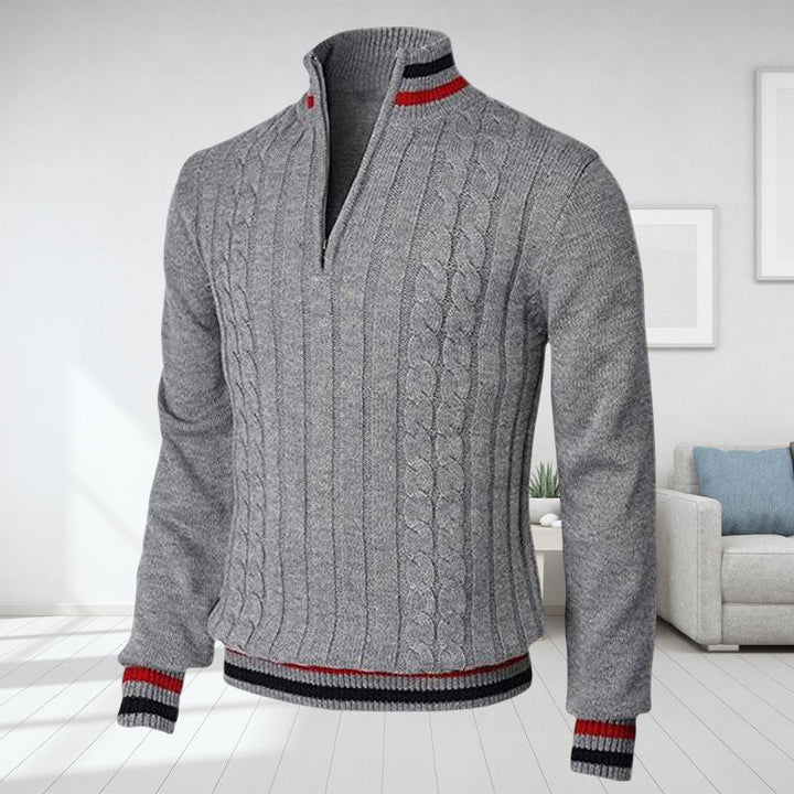 Quarter Zip Jumper - Cable Knit - High Neck - Knitted Sweater - Men's Half Zip Pullover-Sweaters-Chaps London-Gray-S-Chaps London