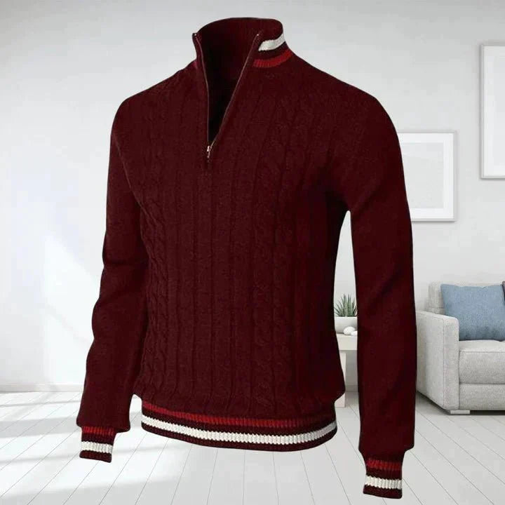 Quarter Zip Jumper - Cable Knit - High Neck - Knitted Sweater - Men's Half Zip Pullover-Sweaters-Chaps London-Red-S-Chaps London