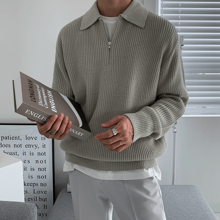 Quarter Zip Jumper | Collared | Half Zip | Knitted Sweater | Men's Knitwear-Sweaters-Chaps London-Gray-S-Chaps London