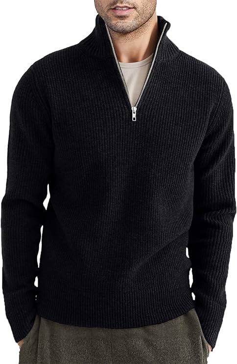 Quarter Zip Jumper | Knitted | Rib Knit | Polo Sweater | Men's Half Zip Jumper-Sweater-Chaps London-Black-XS-Chaps London