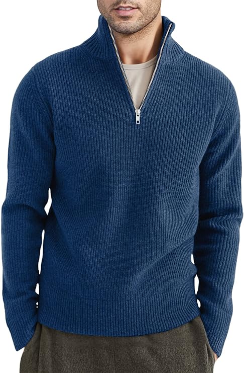 Quarter Zip Jumper | Knitted | Rib Knit | Polo Sweater | Men's Half Zip Jumper-Sweater-Chaps London-Blue-XS-Chaps London