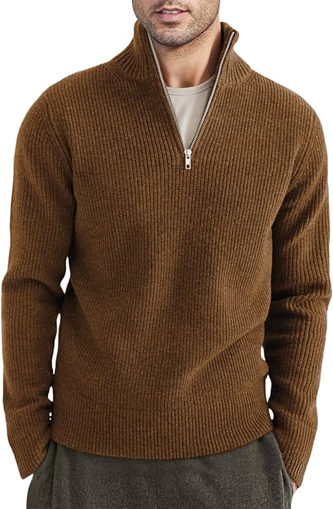 Quarter Zip Jumper | Knitted | Rib Knit | Polo Sweater | Men's Half Zip Jumper-Sweater-Chaps London-Brown-XS-Chaps London