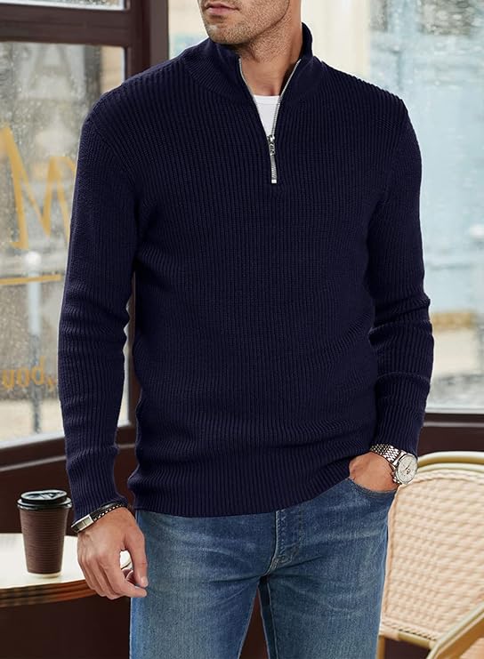 Quarter Zip Jumper | Knitted | Rib Knit | Polo Sweater | Men's Half Zip Jumper-Sweater-Chaps London-Chaps London