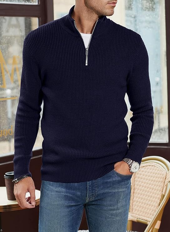 Quarter Zip Jumper | Knitted | Rib Knit | Polo Sweater | Men's Half Zip Jumper-Sweater-Chaps London-Chaps London