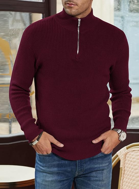 Quarter Zip Jumper | Knitted | Rib Knit | Polo Sweater | Men's Half Zip Jumper-Sweater-Chaps London-Chaps London