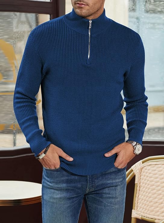 Quarter Zip Jumper | Knitted | Rib Knit | Polo Sweater | Men's Half Zip Jumper-Sweater-Chaps London-Chaps London
