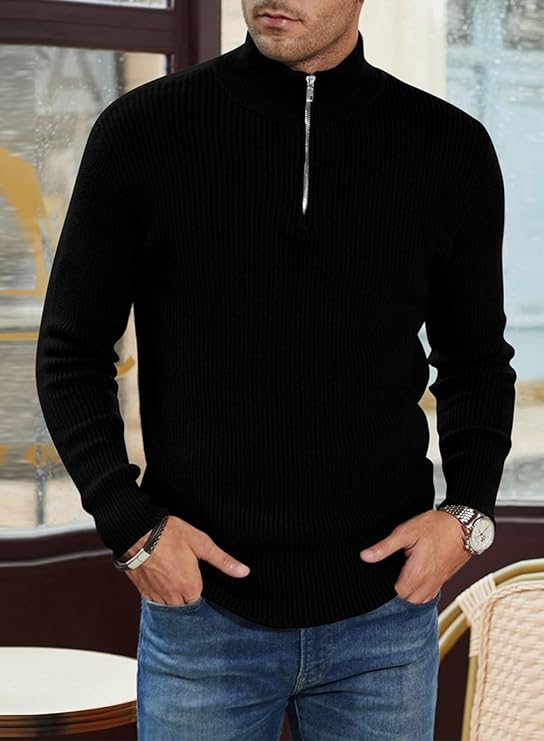 Quarter Zip Jumper | Knitted | Rib Knit | Polo Sweater | Men's Half Zip Jumper-Sweater-Chaps London-Chaps London