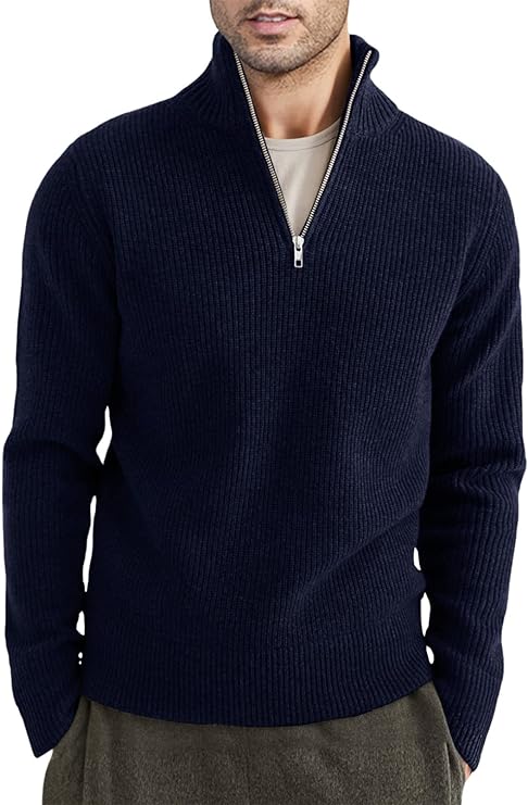 Quarter Zip Jumper | Knitted | Rib Knit | Polo Sweater | Men's Half Zip Jumper-Sweater-Chaps London-Dark Blue-XS-Chaps London