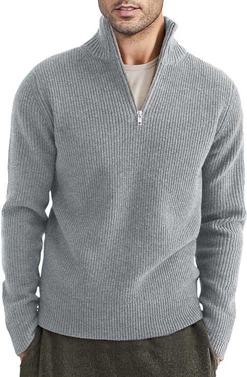 Quarter Zip Jumper | Knitted | Rib Knit | Polo Sweater | Men's Half Zip Jumper-Sweater-Chaps London-Gray-XS-Chaps London