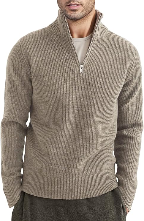 Quarter Zip Jumper | Knitted | Rib Knit | Polo Sweater | Men's Half Zip Jumper-Sweater-Chaps London-Khaki-XS-Chaps London