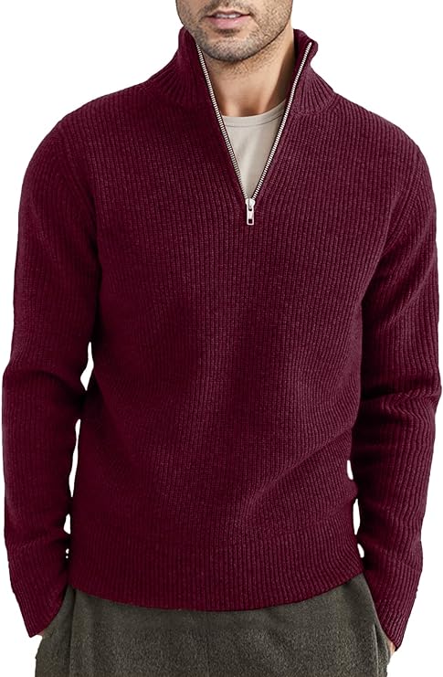 Quarter Zip Jumper | Knitted | Rib Knit | Polo Sweater | Men's Half Zip Jumper-Sweater-Chaps London-Red-XS-Chaps London