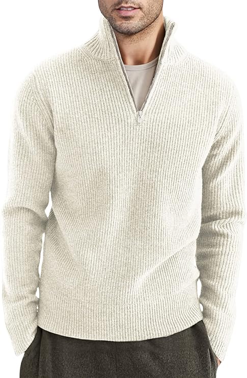 Quarter Zip Jumper | Knitted | Rib Knit | Polo Sweater | Men's Half Zip Jumper-Sweater-Chaps London-White-XS-Chaps London