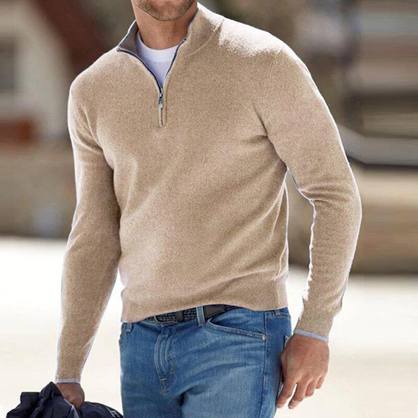 Quarter Zip Jumper - Men's Knitted Long Sleeve Half Zip-Sweater-Chaps London-Beige-S-Chaps London