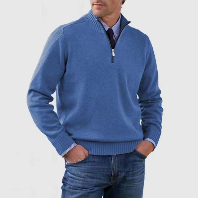 Quarter Zip Jumper - Men's Knitted Long Sleeve Pullover-Men's Half Zip Pullover-Chaps London-Blue-M-Chaps London